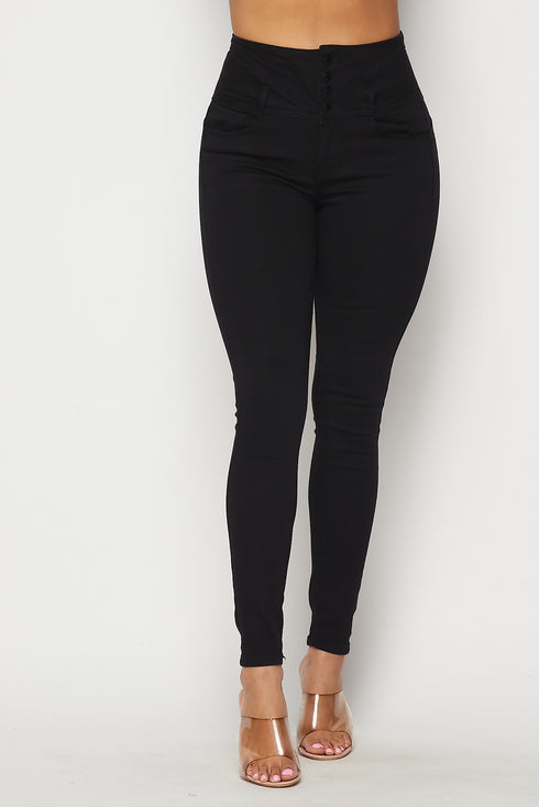 4 Button Super High Waisted Denim Skinny Jeans - Black - SohoGirl.com